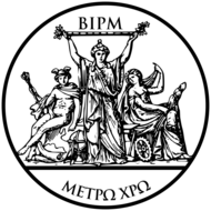 BIPM seal: three women, one holding a measuring stick