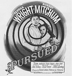 Black-and-white film poster with an image of a young man and woman holding each other. They are surrounded by an abstract, whirlpool-like image; the central arc of the thick black line that define it encircles their head. Both are wearing white shirts and look forward with tense expressions; his right arm cradles her back, and in his hand he holds a revolver. The stars' names—Teresa Wright and Robert Mitchum—feature at the top of the whirlpool; the title and remainder of the credits are below.