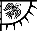 Diagram of a flag roughly in the shape of the lower right quadrant of a circle or oval, bearing a stylized raven in flight, with several long pointed tabs along the lower, curved edge
