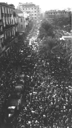 Beirut's Martyrs' Square during celebrations marking the release by the French of Lebanon's government from Rashayya prison on November 22, 1943, the day of Lebanon's independence. Adib Ibrahim.jpg
