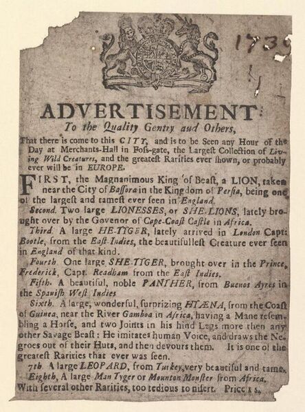 File:Bodleian Libraries, Handbill of Merchant's Hall, 1739, announcing A lion, lionesses, tigers, etc..jpg