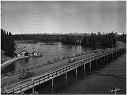 Black and White photo of Fishing bridge ca 1951 in Yellowstone National Park