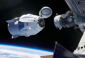 A spacecraft approaches a space station