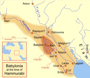 The extent of the Babylonian Empire at the start and end of Hammurabi's reign, located in what today is modern day Iraq