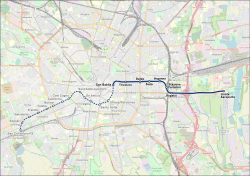 Map showing the M4 line, with a solid blue line depicting Phase 1 and a dotted blue line showing Phases 2 and 3