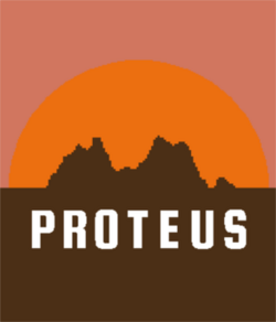 Pixelated hills are silhouetted against an orange sunset. The word Proteus is written in white.