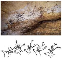 A painting on a cave wall of a number of deer stags, one of which appears to have moons between its horns, and a line drawing of the same images