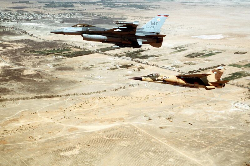 File:U.S. F-16 carrying an Aim-9 and Jordanian F-1 Mirage over Iraq 1996.jpg