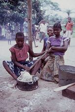 Young women preparing pounded yam (which includes mashed and pounded yam flour) in the Democratic Republic of Congo.