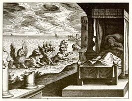 Woodcut image of Daniel, sleeping, while four beasts watch.