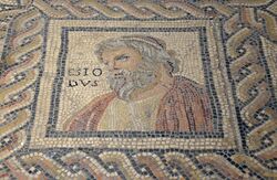 Monnus mosaic from the end of the 3rd century AD. The figure is identified by the name ESIO-DVS (Hesiod).