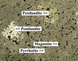 Pentlandite in pyrrhotite labelled, Sudbury.jpg
