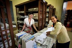 Sorting and cataloguing – australian volunteer Louise Barber with Chack Tuoch from the National Library of Cambodia. 2005. Photo- Kevin Evans (10722189116).jpg