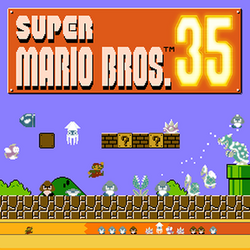 The first level of Super Mario Bros. depicting Mario jumping through it, surrounded by many enemies sent by other players.