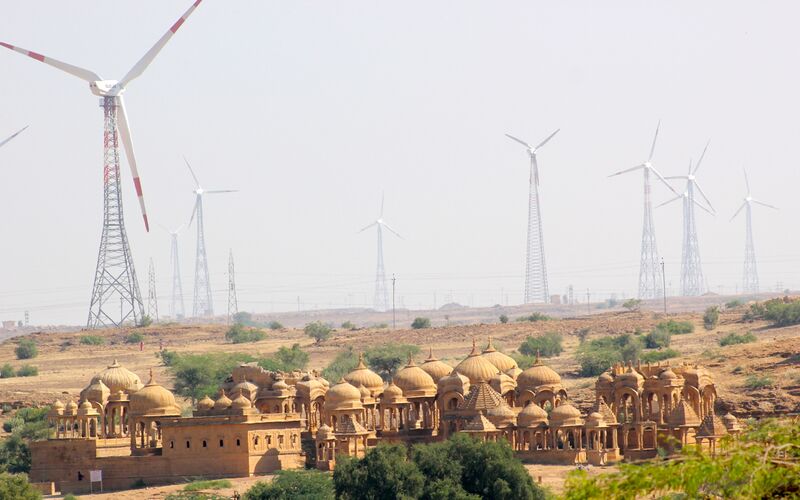 File:A Wind Energy farm and the Cenotaphs, the ancient and the modern, Jaisalmer Rajasthan India.jpg
