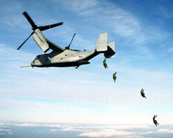 Four U.S. Marine paratroopers jump from the rear loading ramp of an MV-22 Osprey.