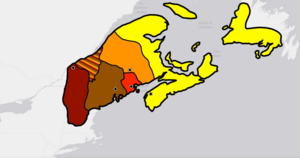 Yellow – Miꞌkmaꞌki, Orange – Wolastokuk, Red – Peskotomuhkatik, Brown – Pαnawαhpskewahki, Cayenne – Ndakinna The dots are the listed capitals, being political centers in Wabanaki. The mixed region is territory outside of the historic ranges of the five tribes. It was acquired from the St.Lawrence Iroquois between 1541–1608 with Abenaki peoples having moved in by the time Samuel de Champlain came to the region establishing Quebec City.