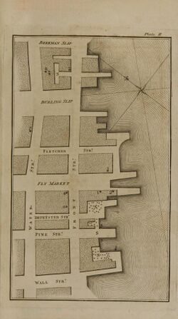 Book page with engraved map of a city dock, with marks denoting yellow fever cases and waste sites