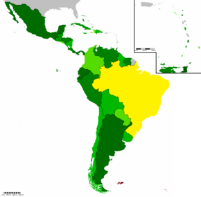 Map of North, Central and South America indicating CELAC members:   Member countries   Claimed territoriesa