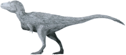 Greyscale reconstruction of a left-facing tyrannosaur