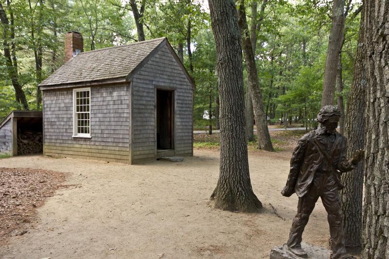 File:Replica of Thoreau's cabin near Walden Pond and his statue.jpg