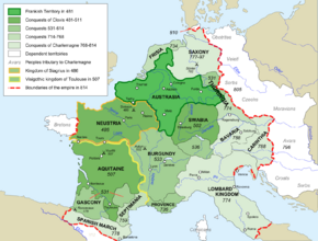 Diachronic map of the Frankish kingdom at its greatest extent