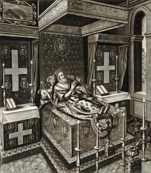 File:Henry IV of France as he lay in state after his murder in the year 1610, engraving after Quesnel - Gallica 2010 (adjusted).jpg