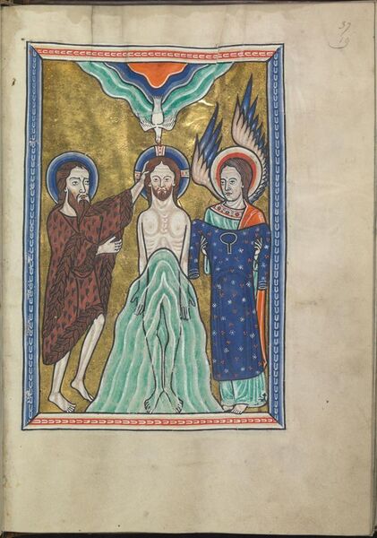 File:Images from the life of Christ - The baptism of Christ by St John the Baptist, an angel holds Christ's robe - Psalter of Eleanor of Aquitaine (ca. 1185) - KB 76 F 13, folium 019r.jpg