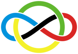 A circle, interlinked with a sideways figure of eight (lemniscate). The circle is half green and half yellow, the lemniscate is a third red, a third blue and a third black. The shapes are featured in front of a white background.