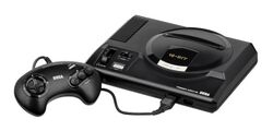 A European PAL Mega Drive video game console with a controller