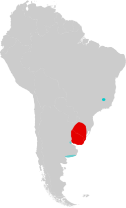 Map of South America marked by red and blue colors, with the red color extending over Uruguay and into Rio Grande do Sul, southern Brazil, and the blue color in southeastern Minas Gerais, eastern Brazil, and in two different areas in northern and southern Buenos Aires Province, eastern Argentina