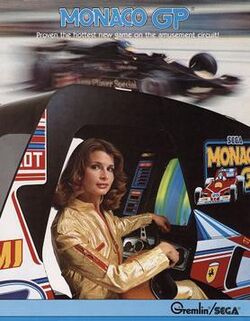 A woman in a racing driver uniform sitting in an arcade cabinet behind a steering wheel.