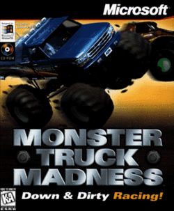 A race between two monster trucks, Bigfoot and Snake Bite, is depicted within a background of sepia-toned sky and dirt. The silver metallic Monster Truck Madness logo (with bolts surrounding the left and right sides of "Truck") and the slogan "Down & Dirty Racing!" ("Racing!" in orange) is in the bottom half of the cover art, accompanied by the Entertainment Software Rating Board's (ESRB) Kids to Adults (K-A) rating. The "Designed for Microsoft Windows 95" and "CD-ROM" logos are depicted alongside the text "Requires Windows 95" in the top-left portion, and the Microsoft logo is at the top-right corner.