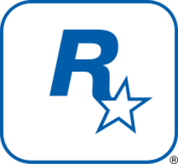 A capital "R" in blue has a five-pointed, white star with a blue outline appended to its lower-right end. They lay on a white square with a blue outline and rounded corners.