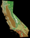 Topographical map of California with the range of Symphyotrichum defoliatum outlined in red: San Gabriel Mountains, San Bernardino Mountains, and Peninsular Ranges.