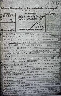 Telegram, Vrba and Wetzler escape, Auschwitz, 8 April 1944.jpg