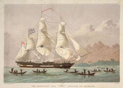 The missionary ship "Duff" arriving (ca. 1797) at Otaheite, lithograph by Kronheim & Co.jpg
