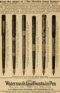 "Waterman's ideal fountain pen" 1908 ad - from, The World almanac and encyclopedia (IA worldalmanacency1908newy) (page 20 crop).jpg