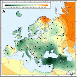 Genetic matrilineal distances between European Neolithic Linear Pottery Culture populations (5,500–4,900 calibrated BC) and modern Western Eurasian populations.jpg