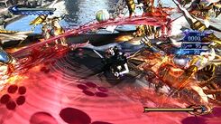 Screenshot of the protagonist Bayonetta fighting a group of angelic enemies in the opening level of the game.