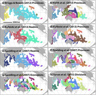The figure shows 8 maps of biogeographic regionalizations that were tested using model selection with analysis of molecular variance(AMOVA) by Crandall et al. 2019.