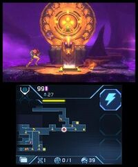 A screenshot of the Nintendo 3DS system's two screens: the top screen shows the player character standing in front of a round, orange gate while surrounded by a purple fog, and the bottom screen shows a map of the game world along with information such as how much health and how many missiles the player has left.
