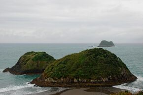 A view from land of two of the close Sugar Loaf Islands in the foreground, with the closest, Round Rock, a sea stack, not separated from the land by water. A third island, Saddleback (Motumahanga), is visible in the distance out to sea.