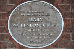 Brown plaque for Wollstonecraft at her final home, in Camden