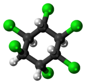 Ball-and-stick model of the alpha-(-)-hexachlorocyclohexane molecule