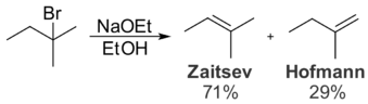 Treating 2-bromo-2-methylbutane with a small base, such as sodium ethoxide, gives the Zaytsev product.