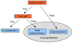 A diagram. At the top, an orange box labeled "Determinism?" with two arrows pointing to other boxes. The arrow labeled "True" points to an orange box labeled "Free will?", the arrow labeled "False" points to a light-blue box labeled "Libertarianism". The box labeled "Free will?" has two arrows pointing to other boxes. The arrow labeled "True" points to a light-blue box labeled "Compatibilism", the arrow labeled "False" points to a light-blue box labeled "Hard determinism". The two light-blue boxes labeled "Hard determinism" and "Libertarianism" are surrounded by a grey ellipse labeled "Incompatibilism".