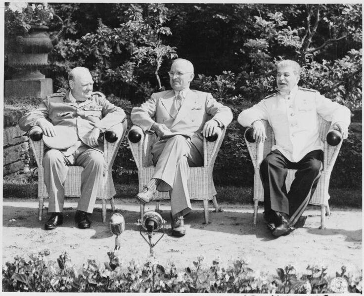 File:L to R, British Prime Minister Winston Churchill, President Harry S. Truman, and Soviet leader Josef Stalin in the... - NARA - 198958.jpg