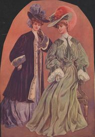 Color painting of two women in fine dresses and hats with large pink and purple bird plumes
