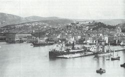 Photograph of Trieste filled with ships around 1907 viewing the city from out in the harbor